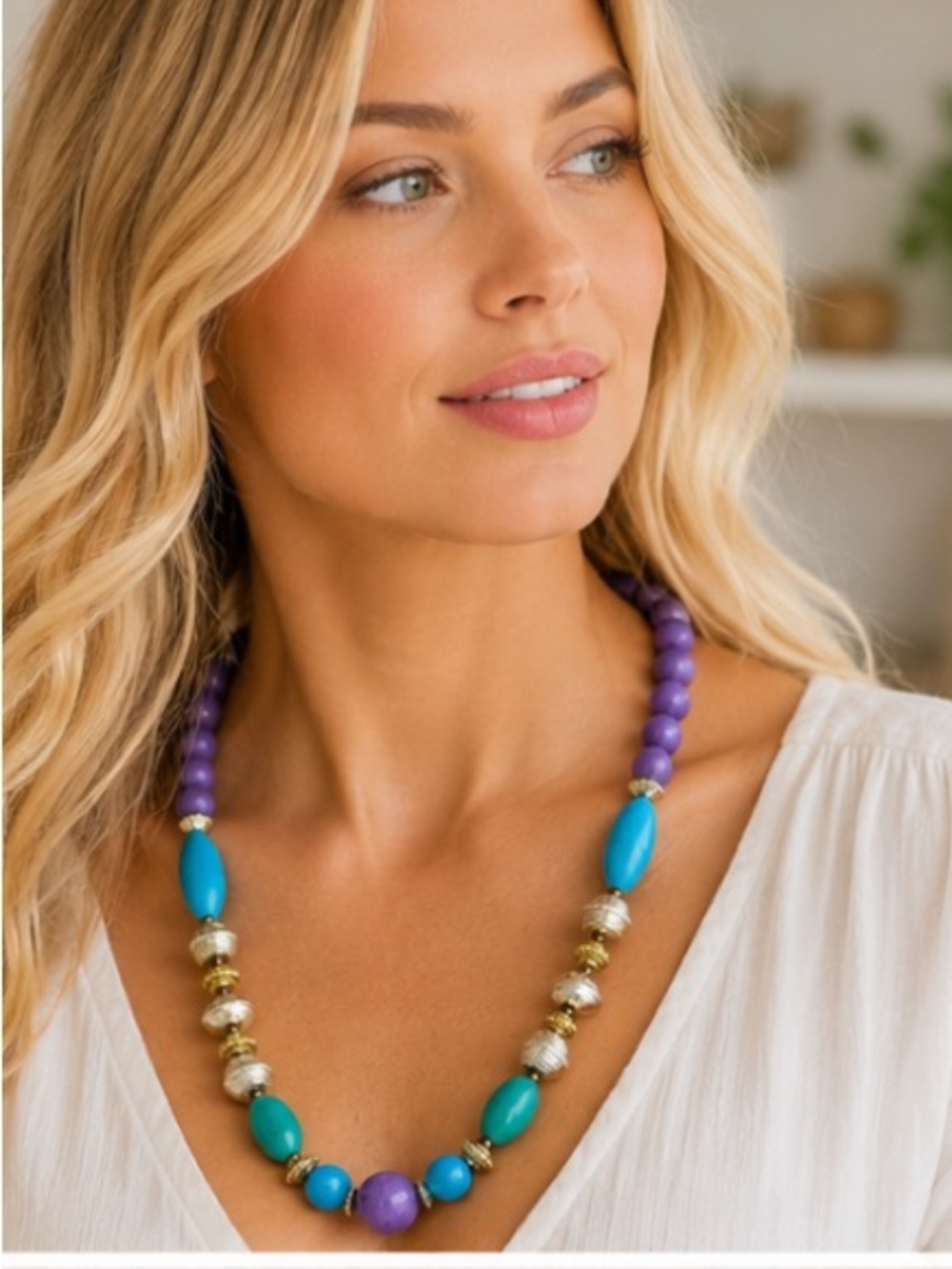 Vintage Multicolor Beaded Necklace Purple Turquoise Teal Gold Tone 24” Boho